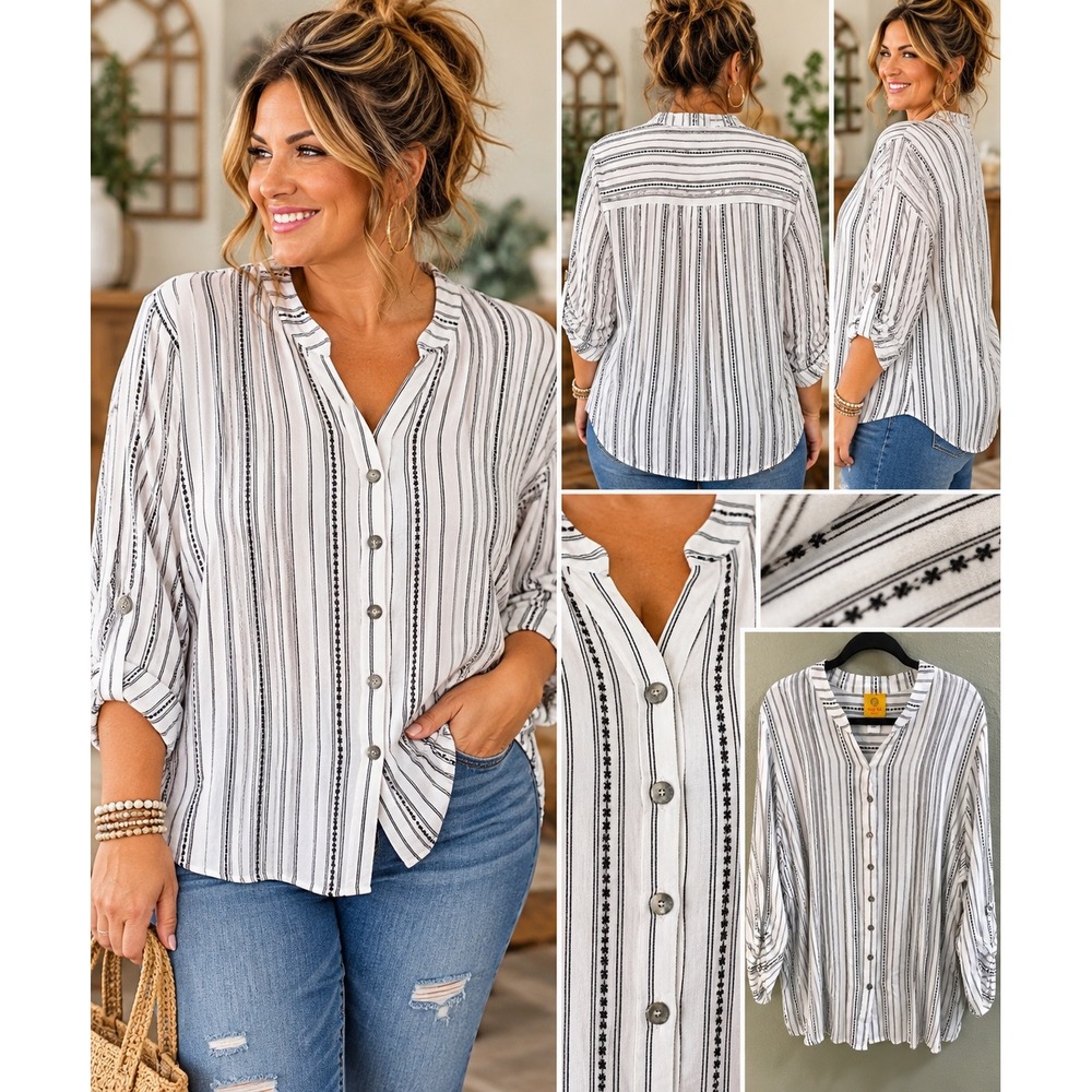 Ruby Rd. Woman 1X White Black Striped Button Front Blouse Boho Coastal Casual